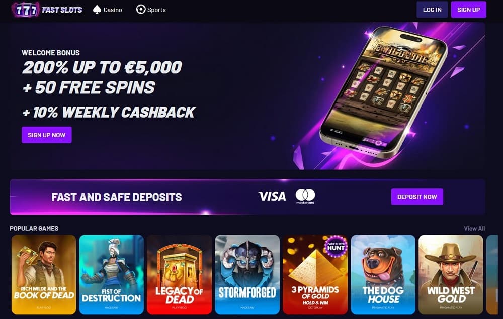 Fast Slots online casino homepage shown on Canada online casinos site, offering 300% crypto bonus