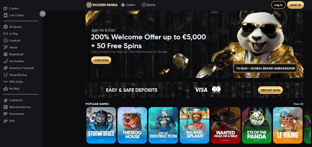 Golden Panda casino site preview on Canada online casinos platform with cashback and crypto support