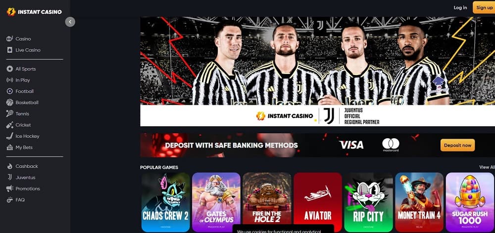 Instant Casino homepage interface for Canada online casinos with instant payouts and large welcome bonus