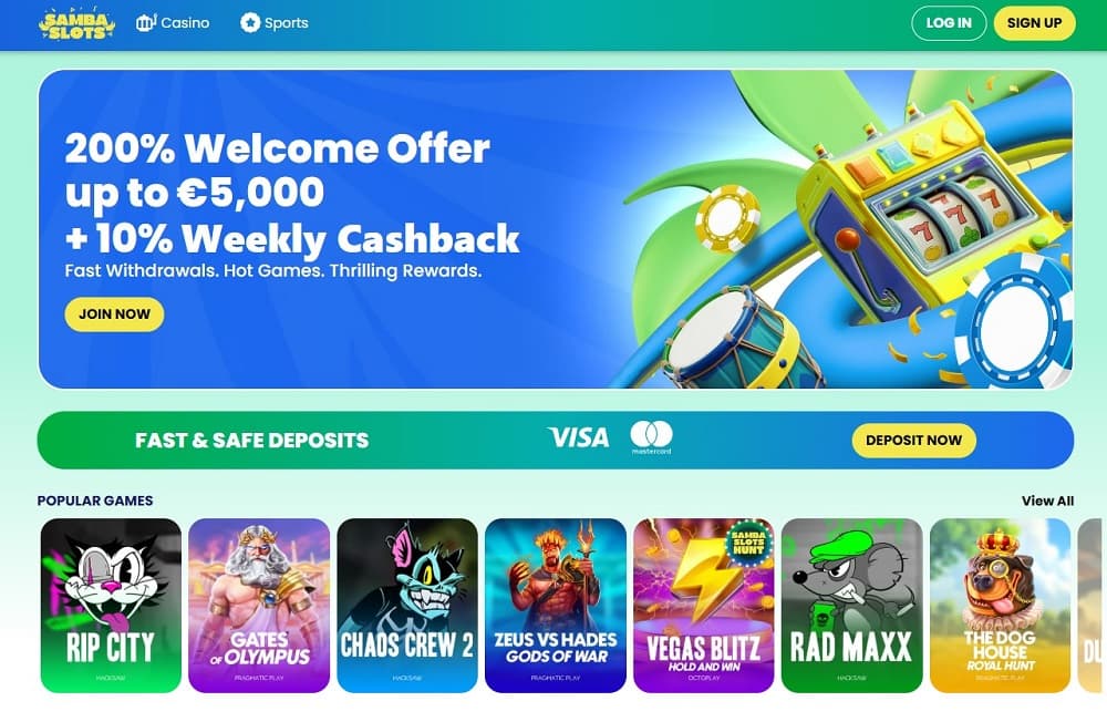 Samba Slots homepage featured on Canada online casinos with sports bonus and vibrant slot games